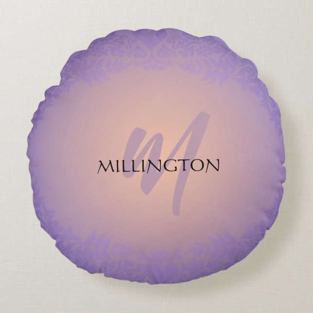 Paarse en Peach Damask Monogram Rond Kussen (Voorkant)