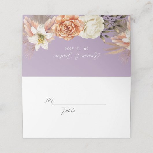Paarse en Perzik Bloemen Bruiloft Plaats Kaart Plaatskaartje (Buitenkant ongevouwen)