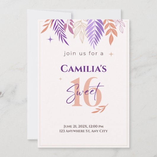 Paarse en Perzik Botanische Zoete 16 Uitnodiging (Voorkant)