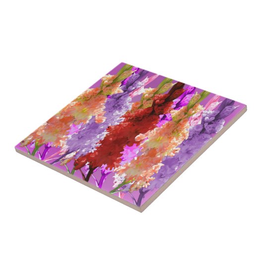 Paarse en perzik stokrozen, tegeltje (Zijkant)