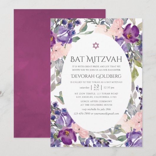 Paarse en pruimkleurige bloemige Bat Mitzvah Kaart (Voorkant / Achterkant)