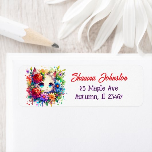 Paarse en rode anime kat en bloemen etiket (Insitu)