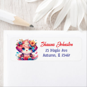 Paarse en rode anime puppy hond en bloemen etiket