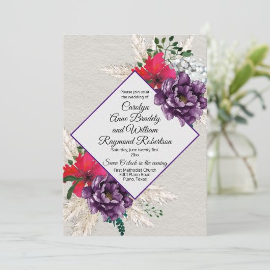 Paarse en rode bloemen met Pampas Grass Wedding Kaart (Staand voorkant)