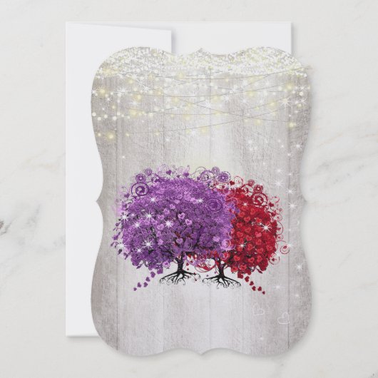 Paarse en Rode Hartblad Bosboom Bruiloft Kaart (Achterkant)
