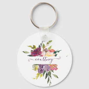 Paarse en rode waterverf bloemstuk gepersonaliseer sleutelhanger