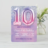 Paarse en roze 10e verjaardag ballon kaart (Staand voorkant)