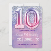 Paarse en roze 10e verjaardag ballon kaart (Voorkant)