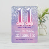 Paarse en roze 11e verjaardag ballon kaart (Staand voorkant)