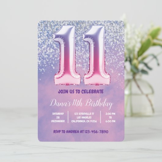 Paarse en roze 11e verjaardag ballon kaart (Staand voorkant)