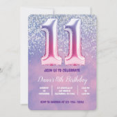 Paarse en roze 11e verjaardag ballon kaart (Voorkant)