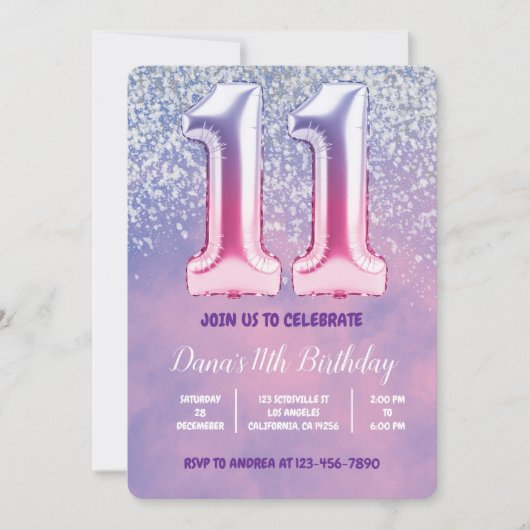 Paarse en roze 11e verjaardag ballon kaart (Voorkant)