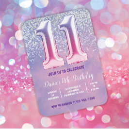 Paarse en roze 11e verjaardag ballon kaart