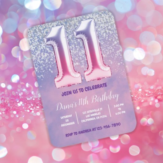 Paarse en roze 11e verjaardag ballon kaart
