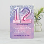 Paarse en roze 12e verjaardag ballon kaart (Staand voorkant)