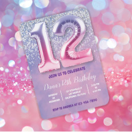 Paarse en roze 12e verjaardag ballon kaart