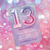 Paarse en roze 13e verjaardag ballon kaart