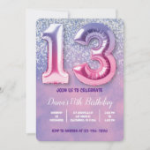 Paarse en roze 13e verjaardag ballon kaart (Voorkant)