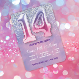 Paarse en roze 14e verjaardag ballon kaart
