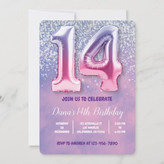 Paarse en roze 14e verjaardag ballon kaart (Voorkant)