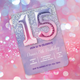 Paarse en roze 15e verjaardag ballon kaart