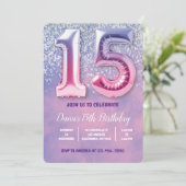 Paarse en roze 15e verjaardag ballon kaart (Staand voorkant)