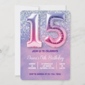 Paarse en roze 15e verjaardag ballon kaart (Voorkant)