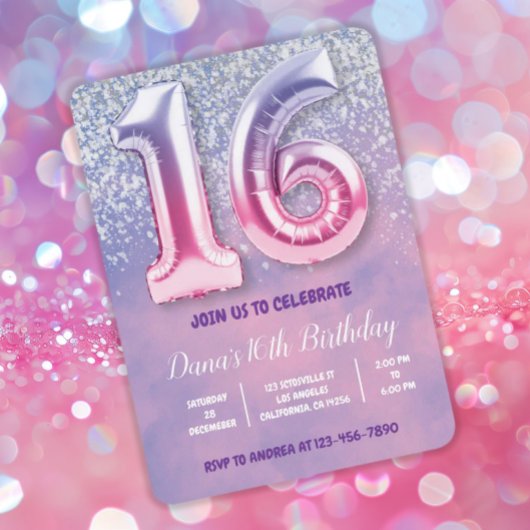 Paarse en roze 16e verjaardag ballon kaart