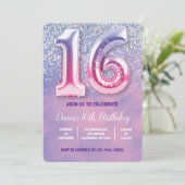 Paarse en roze 16e verjaardag ballon kaart (Staand voorkant)