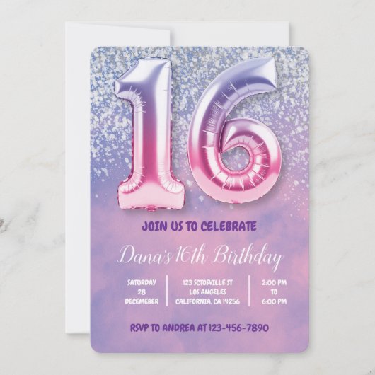 Paarse en roze 16e verjaardag ballon kaart (Voorkant)