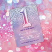 Paarse en roze 1e verjaardag ballon kaart