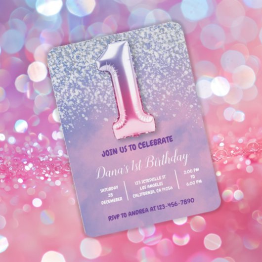 Paarse en roze 1e verjaardag ballon kaart