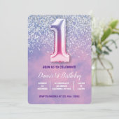 Paarse en roze 1e verjaardag ballon kaart (Staand voorkant)