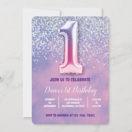 Paarse en roze 1e verjaardag ballon kaart (Voorkant)