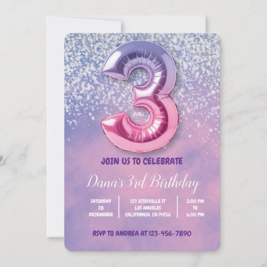 Paarse en roze 3e verjaardag ballon kaart (Voorkant)