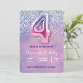 Paarse en roze 4e verjaardag ballon kaart (Staand voorkant)