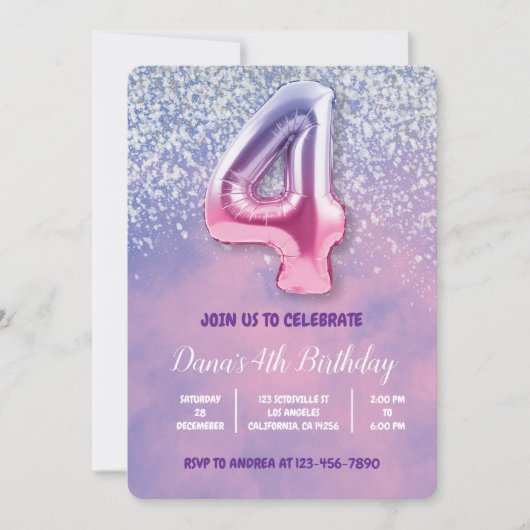 Paarse en roze 4e verjaardag ballon kaart (Voorkant)