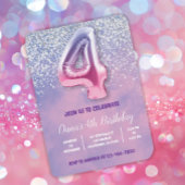 Paarse en roze 4e verjaardag ballon kaart