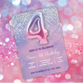 Paarse en roze 4e verjaardag ballon kaart