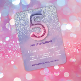 Paarse en roze 5e verjaardag ballon kaart