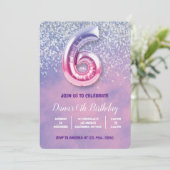 Paarse en roze 6e verjaardag ballon kaart (Staand voorkant)