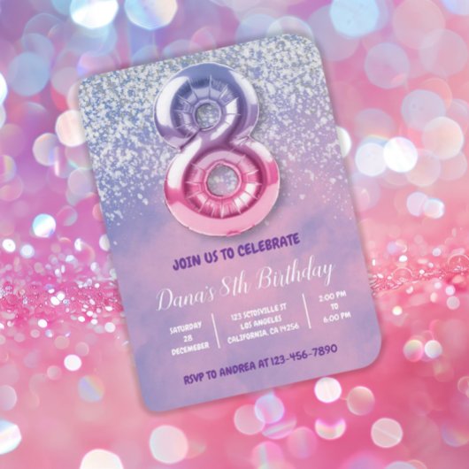 Paarse en Roze 8e verjaardag ballon Kaart