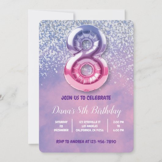 Paarse en Roze 8e verjaardag ballon Kaart (Voorkant)