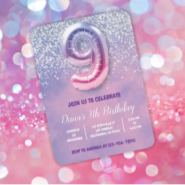 Paarse en roze 9e verjaardag ballon kaart