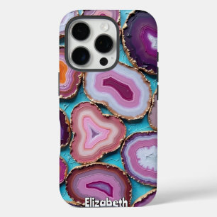 Paarse en Roze Agaat Plakken met Goud iPhone 16 Pro Hoesje