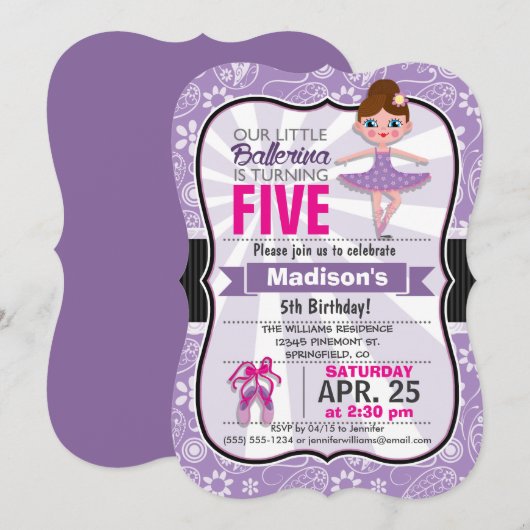 Paarse en Roze Ballerina Verjaardagsfeest Uitnodig Kaart (Voorkant / Achterkant)