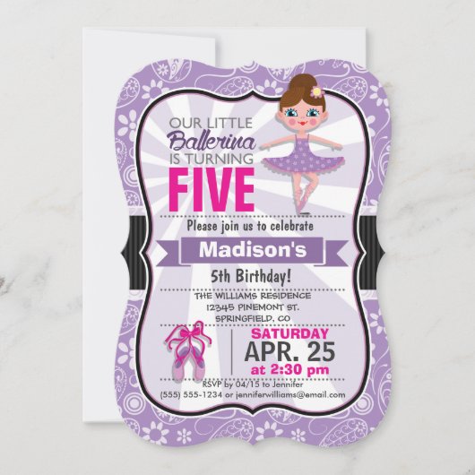 Paarse en Roze Ballerina Verjaardagsfeest Uitnodig Kaart (Voorkant)
