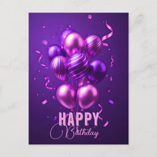 Paarse en Roze Ballon Verjaardagsfeestje Briefkaart (Voorkant)
