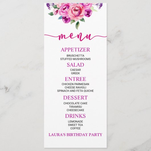 Paarse en roze bloem - Birthday Party Food Menu (Voorkant)