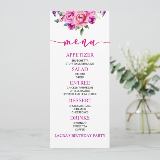 Paarse en roze bloem - Birthday Party Food Menu (Staand voorkant)